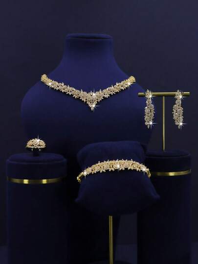 5pcs 18K Gold Plated Luxury Royal Style V-Shaped Geometric Design Bridal Wedding Jewelry Set, Suitable For Daily, Wedding, Gala Wear, Wedding Anniversary Gift (Gift Box Packaging) Complimentary