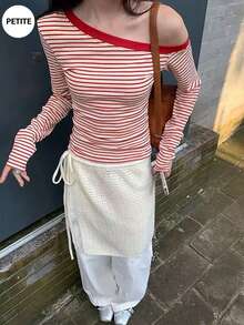 Striped Asymmetrical Shoulder Long Sleeve T-Shirt For Women, Slim Fit Casual Sexy Top