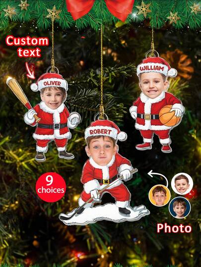 1 pieza Adorno personalizado de Santa atleta con foto de rostro personalizada, adorno de acrílico de Navidad con nombre personalizado, adorno de Santa atleta, decoraciones navideñas, decoración del hogar y adornos para el árbol de Navidad