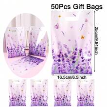 10/20/50 unidades Bolsas de regalo de plástico de color púrpura lavanda - Elegantes y duraderas, con diseño floral y mariposa para obsequios de boda, fiesta de cumpleaños, regalos navideños, accesorios para fiestas de jardín de primavera (Tema con aroma a lavanda)