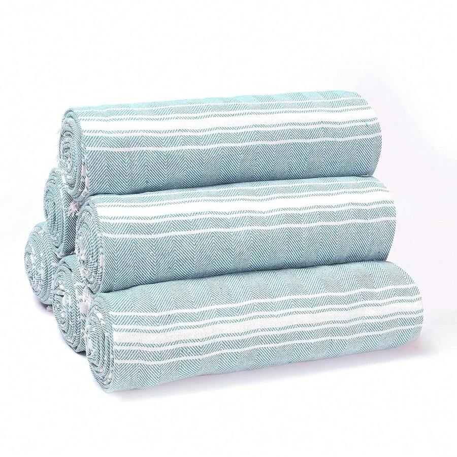 Peshtemal Turkish Towel 100% Cotton Beach Towels Oversized 36x71 Set Of 6, Beach Towels For Adults, Soft Durable Absorbent Extra Large Bath Sheet Hammam Towel - Aqua Blue - 水藍色 - 查看 1