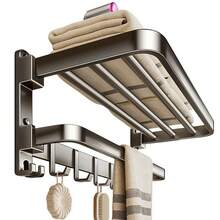 2-Tier Space Saving Wall Mounted Towel Rack With Hooks, Foldable Bathroom Storage Shelf, Suitable For Modern Bathroom - Stylish Design, Durable Metal Structure, Convenient Bathroom Towel Holder, Towel Bar