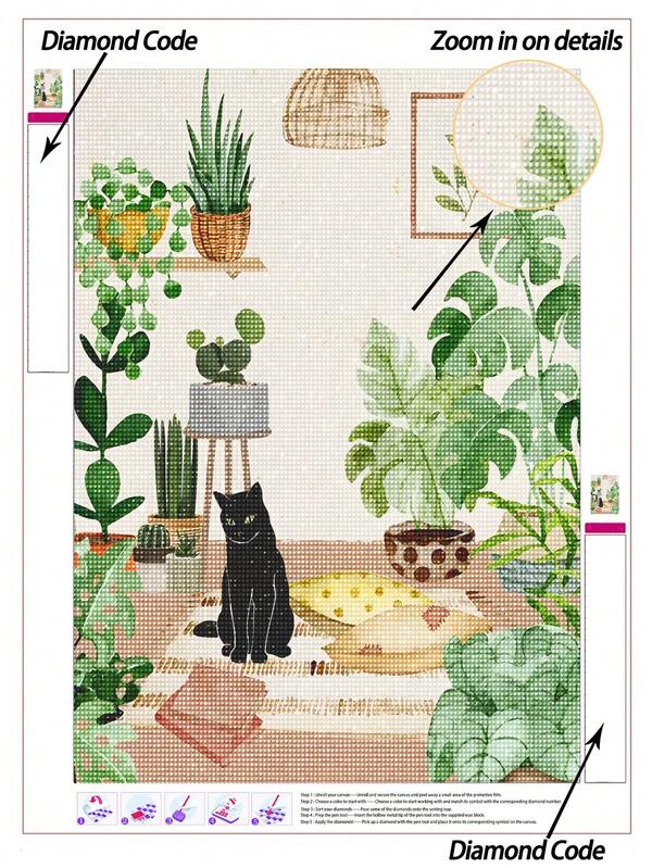 | 5D DIY Diamond Painting | Simple Drawing Style Animal Home Art Diamond Painting Kits.A Cute Kitten In A Room Full Of Green Plants.HD Art Diamond, Handmade Decorative Painting, Rhinestones Full Mosaic Crafts Kit, Exercises For DIY Skills And Concentration.