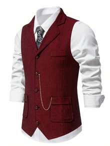 New Men's Herringbone Tweed Waistcoat, Vintage Lapel Chain Decor Vest - Burgundy - View 6
