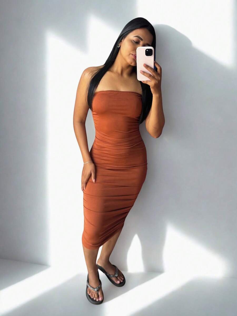 Strapless Midi Dress With Suplex Cup, Ruched Sides, Wrinkled, Strapless, Elegant, Sensual, Tight Fit - 瓦 - 查看 1