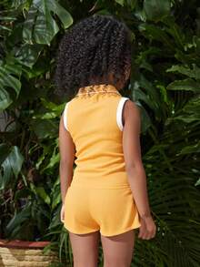 Conjunto Infantil de DoS Pieza para Niña – Polo sin Mangas y Short en Colores Vibrantes - Amarillo - Ver 2