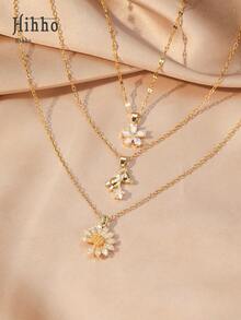 Hihho 3 件时尚休闲锆石镶嵌花朵、熊、星星、雏菊设计女士项链套装，创意派对礼物 - 金色 - 查看 4