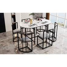 Six-Chair Dining Set: (White Table, Chairs With Backrests And Gray Upholstery, Black Iron Frame), Dining Room Table And Chair Set, Modern Dining Table Combination - Black + MDF - View 4