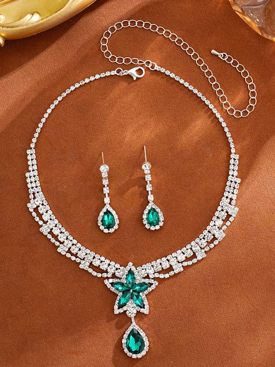 Set de collar y aretes con colgante de pentágono de piedra preciosa verde con rhinestones de lujo de cobre, joyería nupcial y de boda, accesorios para vestido de noche