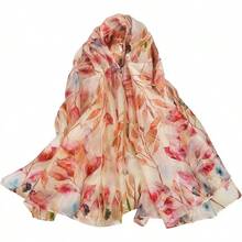 100% Mulberry Silk Scarf For Women Lightweight Long Scarves Beach Wraps Cover Up -Travel Photography Scarfhalloween - Beige Pink Floral - 查看 12