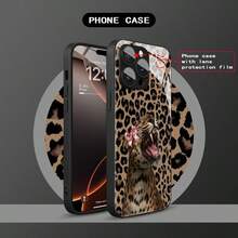 1pc Leopard Bow & Leopard Pattern Glass Material Phone Case, High-End & Elegant, Compatible With Iphone, Tempered Glass Material - Black - View 3