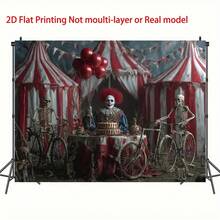 2D Flat, 1 Piece Circus Carnival Clown Birthday Party Background - Durable Polyester Fabric With Red And White Striped Tent, Balloons, And Skulls, Suitable For Halloween, Birthday Decorations - Indoor/Outdoor Use, No Electricity Required, Carnival Theme Party Decoration, 2D Flat - 彩色 - 查看 8