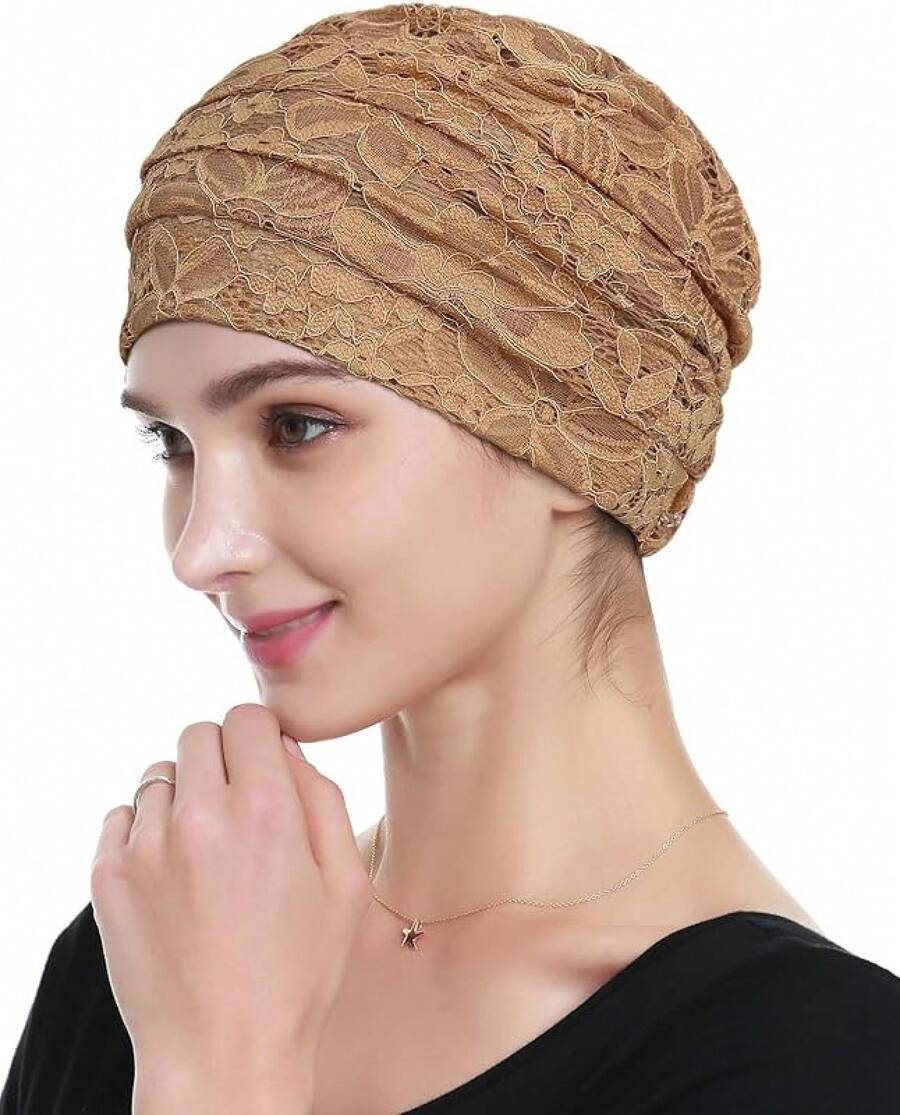 Womens Viscose Lace Turban Soft Sleep Chemo Hatshalloween - 卡其色 - 查看 1