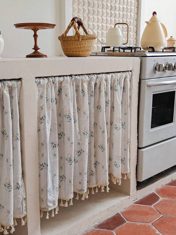 1 pieza Cortina corta de cocina con patrón floral de algodón/Cortina de café, sin barra de cortina, cortina semitransparente con borlas de estilo vintage y romántico con patrón de margaritas, bolsillo para barra, cortina clásica de media ventana para cocina de estilo granja, apta para uso doméstico y comercial, se puede usar para decoración de cocina y ventanas, combinación de cortinas vintage y decoración navideña de ventanas - Multicolor - Añade 5