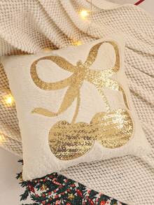 1 pieza/2 piezas Funda de cojín decorativo navideño, bordado de lentejuelas doradas de cereza navideña, decoración rústica para sala de estar y dormitorio, regalo navideño