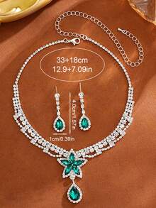 Set de collar y aretes con colgante de pentágono de piedra preciosa verde con rhinestones de lujo de cobre, joyería nupcial y de boda, accesorios para vestido de noche