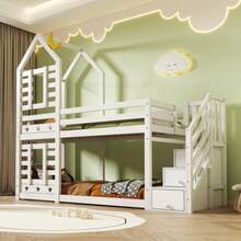 (=AB30351678W) Children's Bed, Bunk Bed Tree House With Drawers And Fall Protection 90 X 200 Cm, Loft Bed For Children - 2x Slatted Frames - White - White - View 7