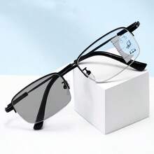 Gafas de lectura fotocromáticas 3 en 1, unisex, lentes multifocales, lentes de PC transparentes, marco de metal de titanio con memoria, estilo de negocios de media montura, adecuadas para computadora, TV, teléfono móvil, lectura y otros escenarios - Negro - Ver 15