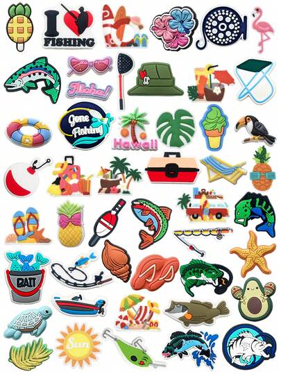 48 Peças Coleção de Pesca de Verão, Decorações de Sapato Combinando Tema de Pesca e Havaiano, com Elementos como Peixes, Varas de Pesca, Abacaxis, Flamingos, etc. Conjunto de Acessórios Fofos com Tema de Pesca. Bolsa, Pulseira e Acessórios. Acessórios DIY Removíveis - Presentes para Aniversários, Natais, Dias dos Namorados, Halloweens
