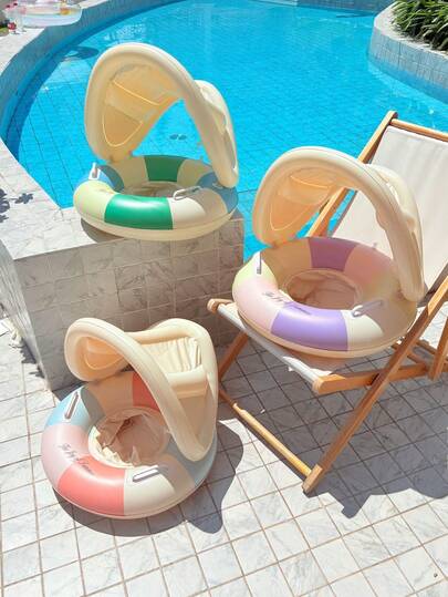 1pc Retro Striped Inflatable Floating Lounge Chair With Detachable Canopy, With Handle/Seat/Pool Float Ring, Suitable For Boys/Girls, PVC Material