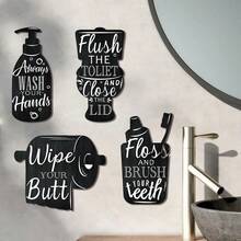 2D Flat, 4pcs Bathroom Creative Wooden Wall Stickers - Fashionable Black Decor, Farmhouse Style, Interesting Modern Home Decor Signs, Self-Adhesive, Freely Arrangeable, Suitable For Bathroom, Washbasin, Office, Hotel And Other Occasions. 2D Flat, Ideal For Room Decoration. - Multicolor - View 6