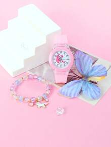 2 PIEZAS Reloj de cuarzo de unicornio y set de pulsera para niñas - Estilo dulce y lindo con luz LED nocturna, correa de silicona suave, reloj de luna y pony + pulsera de cuentas de unicornio colorida, regalo de cumpleaños, Navidad y vuelta al colegio para niñas de 3 a 14 años (Rosa)