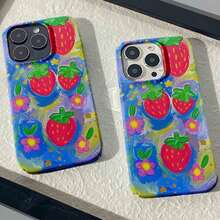 Funda rígida protectora a prueba de golpes con patrón de flores de fresa, adecuada para teléfonos 16 15 14 13 12 11 Pro XR XS Plus, regalo de funda protectora unisex - Multicolor - Ver 1