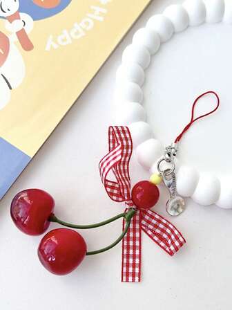 1 pieza Cinta versátil con lazo a cuadros rojos y blancos, colgante de llavero, muñeca de dibujos animados, llavero de coche, decoración colgante para mochila, correa para bolso