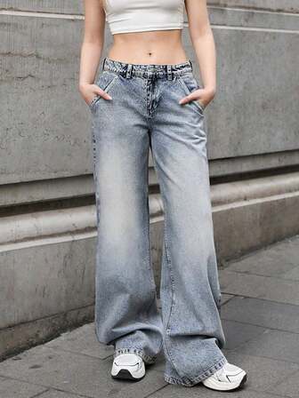 Jeans de pierna recta holgados estilo Y2K para adolescentes, pantalones vaqueros de mezclilla lavados de unicolor versátiles y de moda casual, adecuados para todas las estaciones