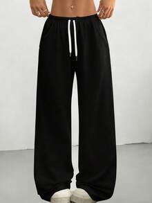 1pc Black Loose Fit Drawstring Design Casual Wide Leg Pants, Suitable For Outdoor Sports, Daily Wear In Summer & Autumn, Great Gift For Girlfriend Back To School Season