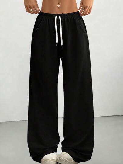 1pc Black Loose Fit Drawstring Design Casual Wide Leg Pants, Suitable For Outdoor Sports, Daily Wear In Summer & Autumn, Great Gift For Girlfriend Back To School Season