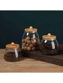 1 Piece Round Glass Storage Container, High Borosilicate Glass Sealed Storage Bottle With Wooden Bead Bamboo Lid, Suitable For Tea, Snacks, Grains, Nuts, Kitchen Organization And Storage. There Is A Promotional Offer Now