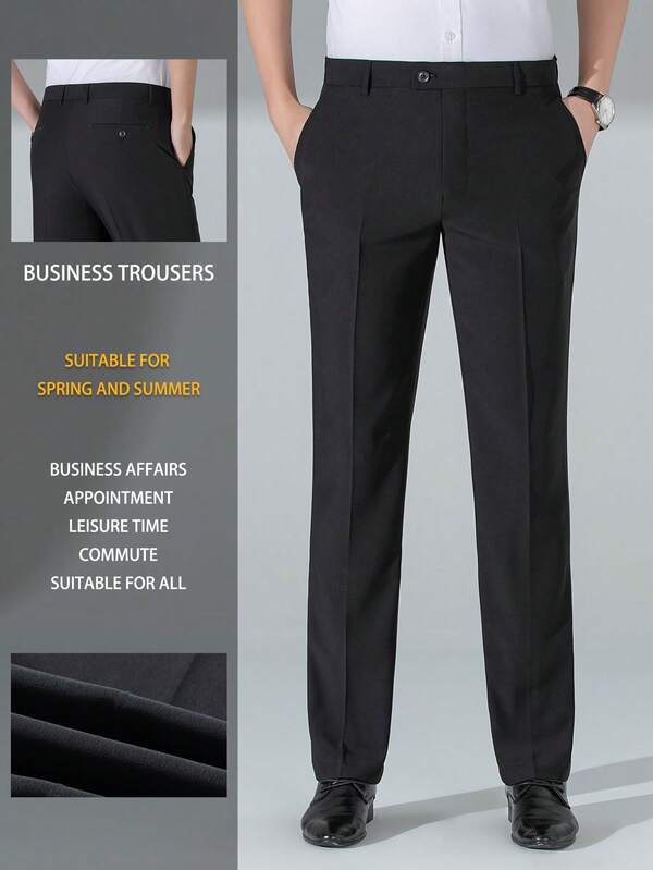 Men's Casual Versatile Pants, Solid Color Business Straight Leg Trousers, Comfortable Formal Wear Pants