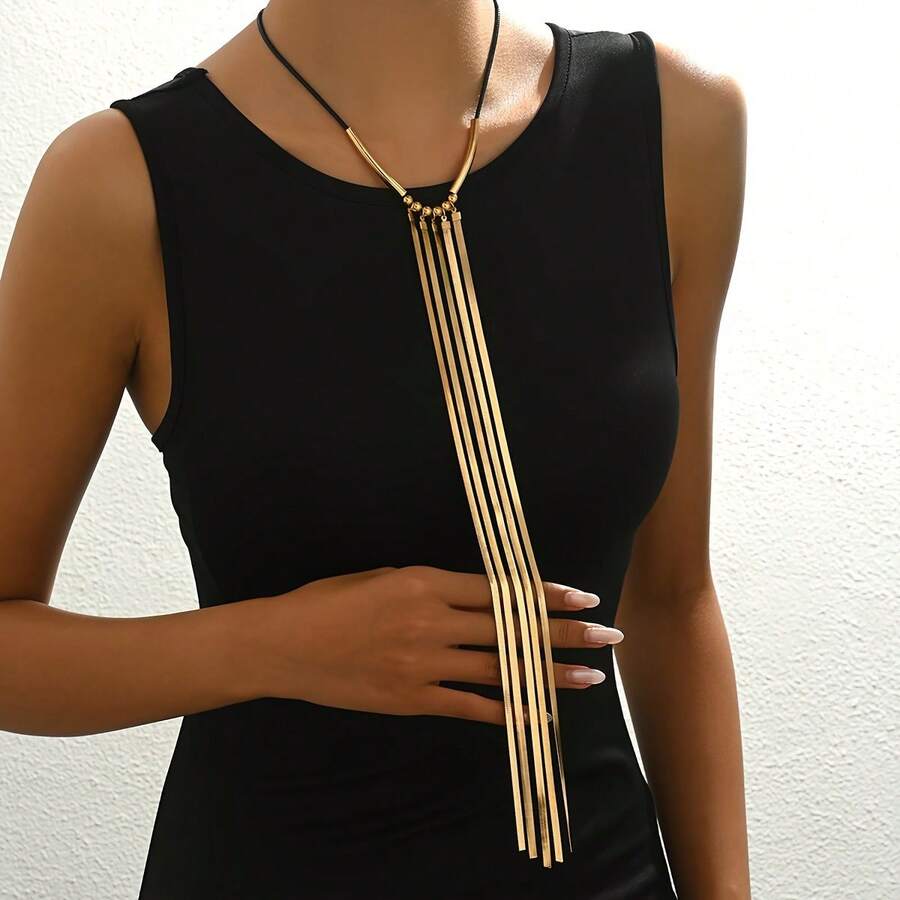 1 Piece Y-Shaped Necklace - Vintage Simple Snake Chain With Tassel Design, Gold Tone And Black Contrast, Women's Long Sweater Chain, Versatile For All Year Round Party And Daily Accessories Local Warehouse - 腹股溝 - 查看 1