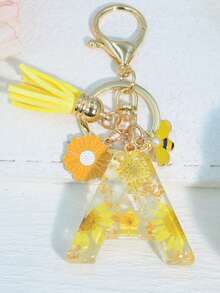 1pc Resin Dried Flower & Letter Shaped Keychain, Fashionable Butterfly Tassel Pom Pom Decor Key Ring, For Mom & Best Friend Car Accessories Bag Charm Backpack For School Cute Goth Y2k Halloween Accessories Teachers Day Christmas Gift Ideas Bag Lanyards With Id Holder Car Accessories Bag Charms Car Sister - Pink - View 14