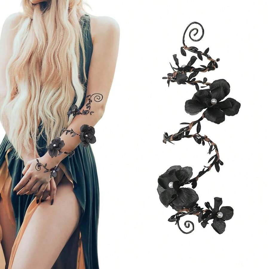 FRESHME Renaissance Fairy Floral Arm Wrap - 1 PC Elf Bracelet Forest Mother Nature Costume Renfaire Cosplay Fairy Accessories{"Color_name":"Black"} - Black - 查看 1
