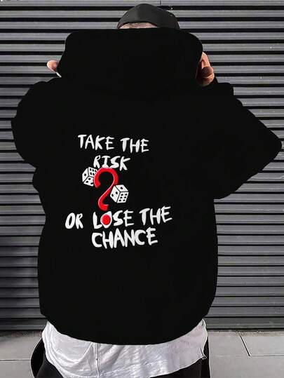 Sudadera con capucha casual de manga larga con cordón y estampado de dados con signo de interrogación para hombres, con terciopelo