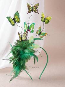 1pc Butterfly Headpiece, Women's Derby Floral Headband Hat, Feather Tea Party Butterfly Halloween Party Headband - A - View 15