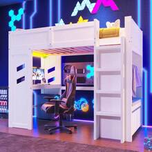 Hochbett, 90x200cm, Gaming Bed Mit Schreibtisch, Mit LED-Lüchten, 1 USB-Anschlüssen, 1 Typ-C Ausgestattet, Leiter, Schreibtisch, Schublade, Wäscheständer, Ohne Matratze, Weiß - 90cm*200cm - View 2