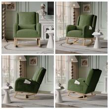 Poltrona a dondolo Teddy Velvet, poltrona per allattamento, poltrona per il tempo libero, poltrona con cuscino imbottito, tasca laterale e braccioli, poltrona in tessuto con piedini in legno per soggiorno, camera da letto, bianco/grigio/rosa/verde - Verde - Visualizzare 3