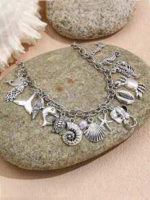 1PC Silver Metal Beach-Themed Chain Pendant Bracelet For Men & Women – Featuring Turtle, Starfish, Shell, Seahorse & Dolphin Charms, Fashionable Personalized Jewelry, Perfect For Beach Parties, Casual Wear & Summer Vacations - Silver - View 3