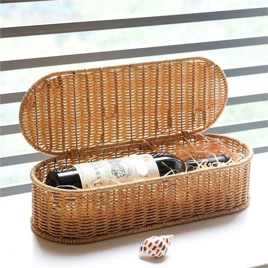 1PC Rattan Storage Box With Lid Boho Imitation Rattan Storage Basket - Woven Box, Dust-Proof Cutlery Frame, Home Decoration Kitchen Organizer - Nâu-Oval S - Xem 1