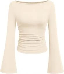 Womens Long Sleeve Shirts 2026 Spring Crop Going Out Tops Casual Boat Neck Sleeve Ribbed Ruched Y2K Clothes - Beige - View 9