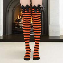 Women Thigh High Stockings Stylish Comfortable Striped Pattern Bow Decorative Socks For Daily Cosplay Party - trái cam - Xem 2
