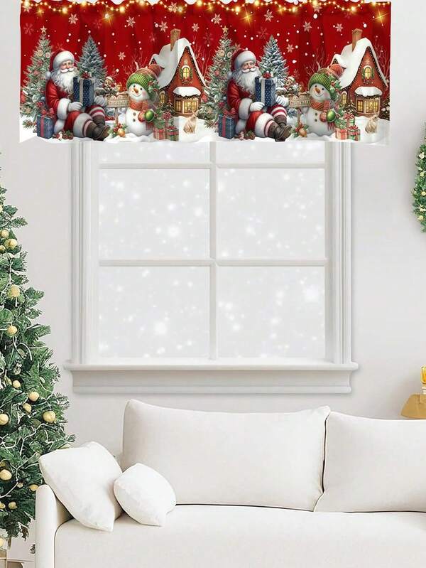 1pc Rustic Christmas Valance Curtain 55x18Inch Vintage Santa & Snowman Short Curtains With Rod Pocket Christmas Kitchen Valances Window Treatments For Bedroom Bathroom Living Room Winter Xmas Holiday Decor Merry Christmas Decor 2025 Home Decor