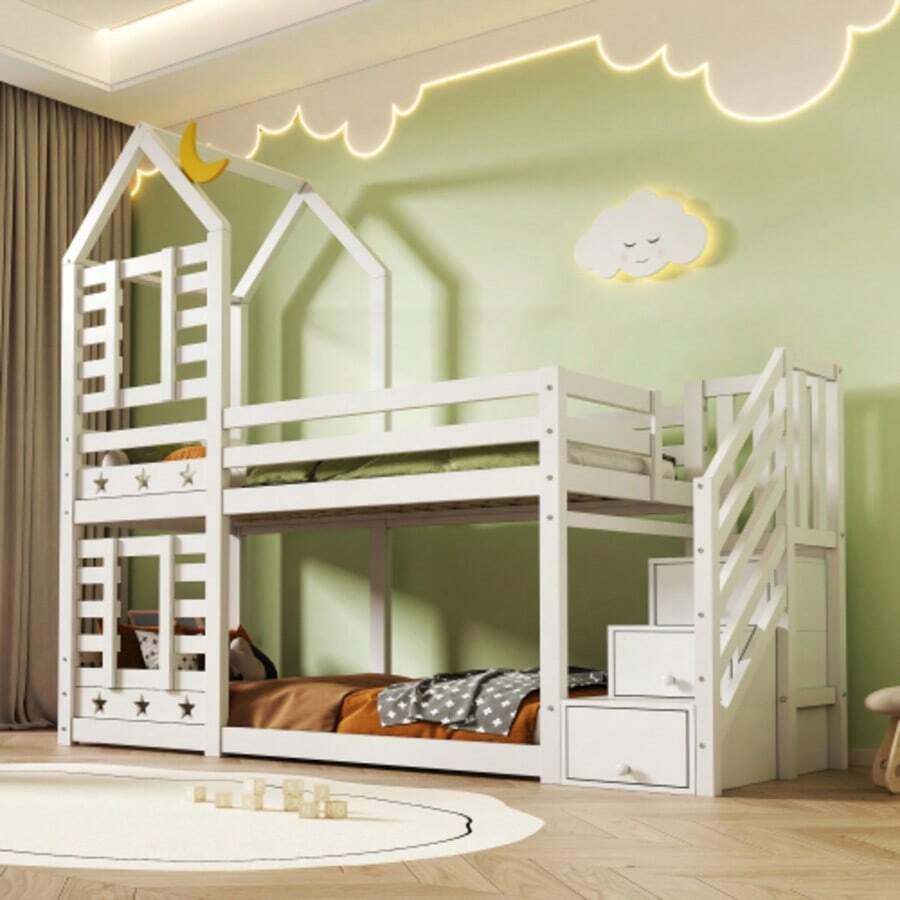 (=AB30351678W) Children's Bed, Bunk Bed Tree House With Drawers And Fall Protection 90 X 200 Cm, Loft Bed For Children - 2x Slatted Frames - White - White - View 1