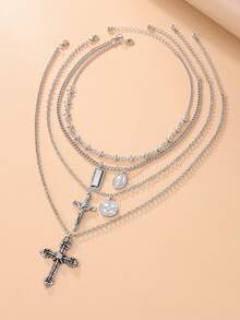 4pcs Vintage Metal Geometric Round Pendant Multilayer Necklace, Women Punk Style Jesus Cross Pendant Necklace Jewelry Set, Suitable For Women Daily Street Wear
