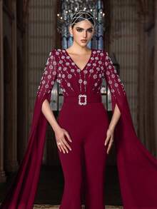 Elegant Crystal Embellished Jumpsuit - V-Neck Batwing Sleeve, Square Buckle Waist Belt, Flowy Wide Leg - Perfect For Formal Events, Red Carpet, Wedding Guests, And Gala Parties. - Burgundy - View 5