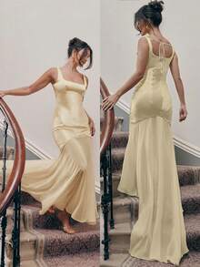 Basrey 女士优雅纯色单排领露背束腰系带网纱拼接晚礼服鱼尾长裙伴娘礼服，适合参加婚礼、担任伴娘、派对、情人节等场合。 - 米黃色 - 查看 3