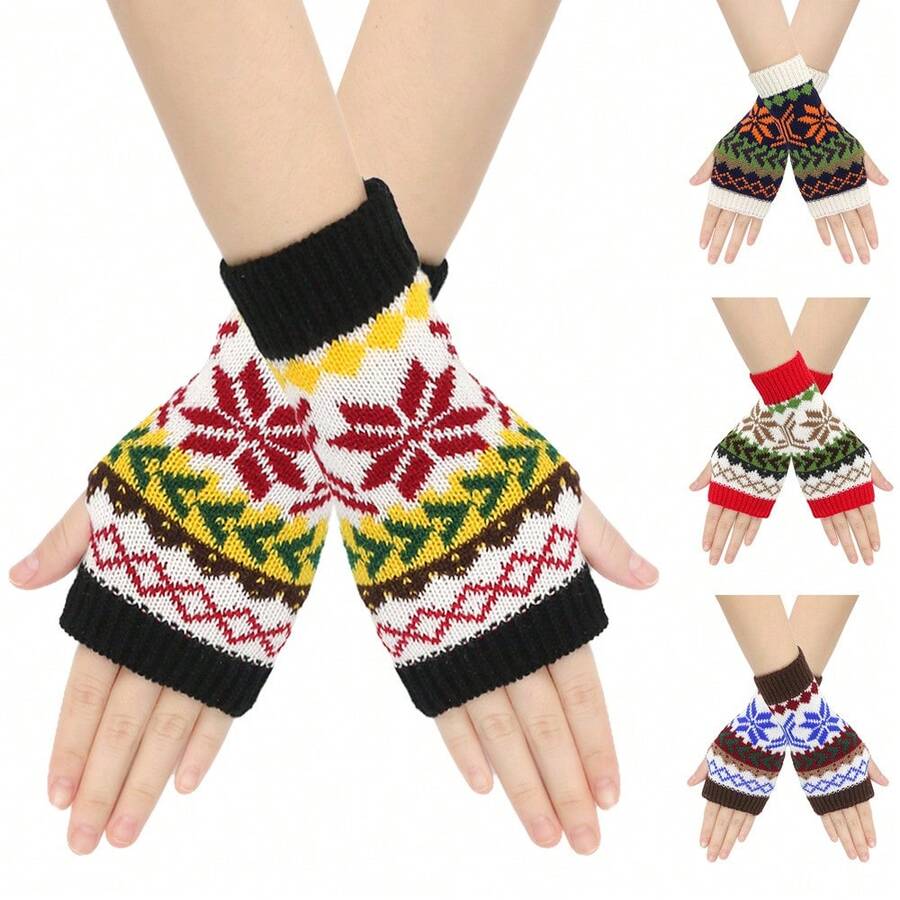 Christmas Snowflake Knitted Fingerless Gloves, Winter Warm Colorful Knitted Sleeve Cuffs For Holiday